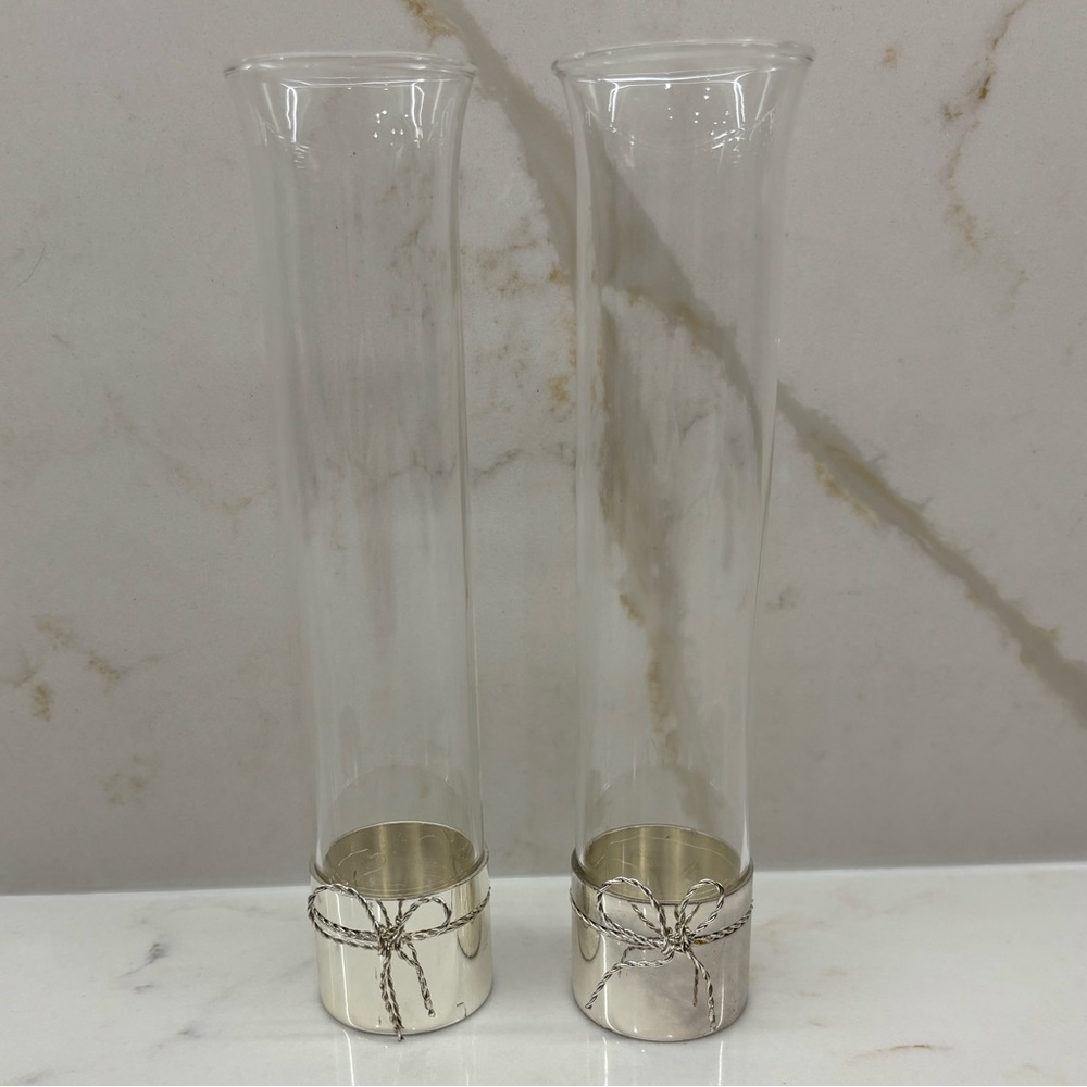 Pair of Vera Wang Wedgewood Sweetheart Silverplated Bud Vases with Bows